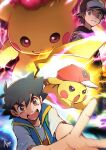  2boys artist_name ash_ketchum ayo_(ayosanri009) baseball_cap black_hair closed_mouth electricity gigantamax gigantamax_pikachu hat multiple_boys official_alternate_costume open_mouth orange_eyes pikachu pokemon pokemon_(creature) pokemon_(game) pokemon_masters_ex red_(pokemon) 