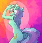  2022 absurd_res anthro anthrofied breasts butt cutie_mark dock equid equine female friendship_is_magic fur green_body green_fur green_hair green_nipples green_tail hair hasbro hi_res horn humanoid_hands inner_ear_fluff looking_back lyra_heartstrings_(mlp) mammal multicolored_hair my_little_pony nipples small_breasts smile solo tongue tongue_out tuft two_tone_hair two_tone_tail unicorn unicorn_horn white_hair white_tail witchtaunter yellow_eyes 