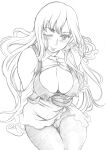  absurdres amayumi bangs breasts cameltoe cleavage collared_shirt covered_nipples greyscale gundam gundam_zz head_tilt highres large_breasts long_hair long_nipples looking_at_viewer monochrome pantyhose roux_louka shirt sitting skirt smile tank_top tongue tongue_out white_background 