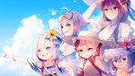  5girls ahoge antenna_hair aquila_(a_sip_of_sardegnian_elegance)_(azur_lane) aquila_(azur_lane) azur_lane blue_eyes blue_sky braid breasts cloud cloudy_sky flat_chest flower goggles goggles_on_head hair_flower hair_ornament hat highres large_breasts libeccio_(azur_lane) libeccio_(beachbound_southwestern_wind!)_(azur_lane) long_hair maestrale_(azur_lane) maestrale_(lonesome_beachfarer)_(azur_lane) manjuu_(azur_lane) medium_hair multiple_girls nicoloso_da_recco_(azur_lane) nicoloso_da_recco_(to_a_smashing_voyage!)_(azur_lane) outdoors pointing pointing_forward red_eyes sea_nami short_hair sky star_(symbol) star_hair_ornament straw_hat swimsuit torricelli_(azur_lane) torricelli_(shady_seaside)_(azur_lane) 