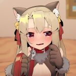  1girl animal_ear_fluff animal_ears animal_hands bangs bare_shoulders bell black_gloves black_leotard blonde_hair blush breasts cat_ears center_opening collar elbow_gloves fake_animal_ears fate/kaleid_liner_prisma_illya fate_(series) fur_collar gloves hair_between_eyes hair_ribbon illyasviel_von_einzbern illyasviel_von_einzbern_(beast_style) jingle_bell leash leotard long_hair looking_to_the_side open_mouth paw_gloves red_eyes ribbon sidelocks small_breasts smile solo viroa 