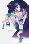  1boy :d alcohol arms_up ass blue_eyes blue_hair bottle braid closed_eyes commentary dark_blue_hair english_commentary english_text genshin_impact green_shorts grin highres holding holding_bottle long_sleeves lu_luu99 male_focus multicolored_hair multiple_views open_mouth otoko_no_ko shorts smile twin_braids two-tone_hair venti_(genshin_impact) watermark 