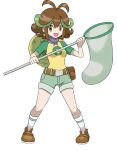  1girl antenna_hair bad_link brown_eyes brown_footwear brown_hair butterfly_net full_body green_hair green_shorts hand_net highres holding holding_butterfly_net looking_at_viewer multicolored_hair official_style open_mouth original pokemon pokemon_(game) praeto shirt short_hair short_sleeves shorts smile socks solo white_socks yellow_shirt 