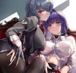  2girls ass bangs breasts collared_shirt couch covered_navel gloves grey_hair highres honkai_(series) honkai_impact_3rd large_breasts looking_at_viewer multiple_girls navel partially_fingerless_gloves purple_hair raiden_mei raven_(honkai_impact) red_eyes see-through see-through_shirt shirt smile white_hair yuri zombie-andy 