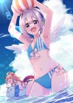  2girls :d amane_kanata angel angel_wings armpits arms_up axolotl_(minecraft) ball beachball bikini blue_bikini blue_hair blue_one-piece_swimsuit blue_sky blush breasts colored_inner_hair cowboy_shot dragon_girl dutch_angle feathered_wings front-tie_bikini_top front-tie_top grey_hair groin hikawa_shou holding holding_ball hololive inflatable_toy kiryu_coco lens_flare looking_at_viewer multicolored_hair multiple_girls navel ocean open_mouth pink_hair purple_eyes short_hair side-tie_bikini_bottom single_hair_intake sky small_breasts smile solo_focus streaked_hair summer swimsuit virtual_youtuber wading white_wings wings 