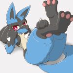 1:1 2020 3_fingers 3_toes acky05 ambiguous_gender anthro black_body black_fur blue_body blue_fur butt feet fingers fur generation_4_pokemon gradient_background hi_res lucario nintendo pawpads pokemon pokemon_(species) presenting presenting_hindquarters raised_leg simple_background smile solo toes video_games white_background 