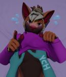  2022 3d_(artwork) absurd_res ambiguous_gender anthro bed blender_(software) blush canid canine clothed clothed_anthro clothed_male clothing clothing_in_mouth clothing_lift digital_media_(artwork) duo fox furniture grope groping_chest hand_on_chest handpaw hi_res hoodie kipper_(pupwolf) male mammal nervous nervous_sweat partially_clothed pawpads paws portrait pupwolf topwear ych_(character) 
