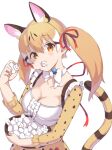  1girl animal_ears bangs blonde_hair bow bowtie breasts brown_eyes brown_hair cat_ears cat_girl cat_tail center_frills cleavage detached_collar dress eating extra_ears food food_in_mouth frilled_straps frills hair_between_eyes hair_ribbon hand_up head_tilt highres holding holding_food kemono_friends kemono_friends_v_project large-spotted_genet_(kemono_friends) long_hair long_sleeves looking_at_viewer marshmallow microphone mouth_hold multicolored_hair print_sleeves ribbon sawara_noa simple_background solo tail twintails upper_body white_background white_hair 