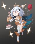  1girl absurdres balloon birthday birthday_cake blue_scarf blush cake cake_slice closed_eyes eating floating floating_object food fork fruit genshin_impact gradient gradient_background grey_footwear grey_hair grey_theme hair_between_eyes hair_ornament halo hand_on_own_face hat highres holding holding_fork paimon_(genshin_impact) party_hat plate ricardo_contreras scarf signature single_thighhigh solo sparkle star_(sky) star_(symbol) strawberry thighhighs wide_sleeves 