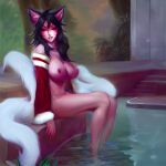  1:1 ahri_(lol) animal_humanoid big_breasts black_hair bottomless breasts canid canid_humanoid canine canine_humanoid clothed clothing dekkernsfw female fox_ears fox_humanoid fox_spirit hair hi_res humanoid league_of_legends light_body light_skin mammal mammal_humanoid mostly_nude multi_tail not_furry poolside riot_games solo topless video_games white_tail 
