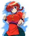  1girl =3 blue_eyes bracer braid braided_ponytail breasts chinese_clothes commentary_request covered_nipples cowboy_shot fumitsuki_kyou genderswap genderswap_(mtf) large_breasts looking_at_viewer ranma-chan ranma_1/2 red_hair red_shirt saotome_ranma shirt short_sleeves solo tangzhuang 