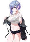  1girl absurdres black_jacket blue_eyes blue_hair blush bra_visible_through_clothes breasts counter:side earrings flower gradient_hair hair_flower hair_ornament highres jacket jewelry levia_tanis looking_at_viewer medium_breasts multicolored_hair navel purple_hair removing_jacket royalmonkey shiny shiny_skin shirt shirt_rolled_up short_hair short_shorts shorts smile solo stomach thighs transparent_background undressing wet white_shirt 