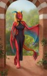  anthro blonde_hair blue_eyes clothing costume detailed_background dragon eztli_(user_55) female gate hair horn irbeus leaf looking_at_viewer nature orange_hair pinup pose raised_tail red_body scalie simple_background smile solo western_dragon wyvern yellow_body 