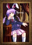  absurdres animal_ears artist_name buttons cape chair cosplay crossover formal hand_on_own_face highres kneehighs necktie pink_skirt purple_hair rabbit_ears rabbit_girl red_eyes red_tie reisen_udongein_inaba skirt socks soldierburger suit suit_jacket throne touhou umineko_no_naku_koro_ni ushiromiya_battler ushiromiya_battler_(cosplay) 