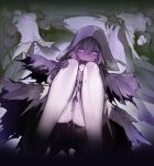  1girl :o absurdres anus breasts cloak female_masturbation fingering grey_hair hair_between_eyes highres hood hood_up lich_(monster_girl_encyclopedia) looking_at_viewer masturbation monster_girl_encyclopedia multiple_views navel nipple_tweak nyong_nyong pale_skin purple_eyes pussy pussy_juice skull sweat uncensored 