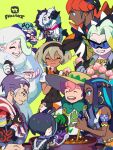  4girls 5boys allister_(pokemon) bea_(pokemon) belly_chain cooking cooking_pot cup dark-skinned_female dark-skinned_male dark_skin eating freckles gordie_(pokemon) grey_hair hat highres jewelry kabu_(pokemon) melony_(pokemon) milo_(pokemon) multiple_boys multiple_girls nessa_(pokemon) opal_(pokemon) piers_(pokemon) pokemon pokemon_(game) pokemon_swsh raihan_(pokemon) sleeveless smile sunglasses take_(illustrator) teacup thick_eyebrows towel towel_around_neck 