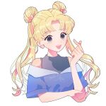  1girl bangs bare_shoulders bishoujo_senshi_sailor_moon black_shirt blonde_hair double_bun earrings grey_eyes hair_bun hair_ornament heart heart_earrings heart_hair_ornament highres holding_own_arm jewelry long_hair off_shoulder open_mouth parted_bangs puchi_(wamsnzs) shirt short_sleeves signature smile solo tsukino_usagi twintails white_background 