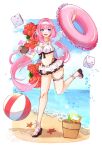  1girl :d arm_up ball bangs beach beachball bendy_straw bikini bikini_under_clothes black_footwear blue_eyes blue_jacket blue_sky breasts cleavage cloud cocktail_umbrella coconut commentary dice drinking_straw elysia_(honkai_impact) flower food frilled_innertube frilled_jacket frills fruit fruit_cup hairband highres holding holding_food holding_fruit holding_innertube honkai_(series) honkai_impact_3rd horizon innertube jacket long_hair medium_breasts mofumanju ocean open_clothes open_jacket pink_hair red_flower sand sandals short_sleeves signature sky smile solo standing standing_on_one_leg starfish swimsuit symbol-only_commentary very_long_hair water white_bikini white_hairband 