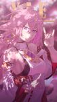  1girl absurdres animal_ears bare_shoulders blurry blurry_background bright_pupils character_name cherry_blossoms chromatic_aberration closed_mouth collarbone detached_sleeves earrings fingernails fox_ears fox_girl fox_shadow_puppet fox_tail gem genshin_impact hair_between_eyes highres jewelry long_hair looking_at_viewer outdoors pink_hair pink_nails pink_theme purple_eyes purple_gemstone ricardo_contreras signature single_earring smile solo tail tree turtleneck vision_(genshin_impact) white_pupils yae_miko 