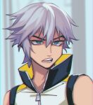  1boy aqua_eyes bare_shoulders close-up grey_hair hair_between_eyes high_collar kingdom_hearts kingdom_hearts_iii lower_teeth male_focus maplekeurig multicolored_shirt narrowed_eyes open_mouth riku_(kingdom_hearts) shirt short_hair sleeveless sleeveless_shirt solo talking teeth upper_body upper_teeth 