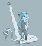  2019 anthro areola artist_name balls barefoot biped blue_theme breasts caninelove chastity_cage chastity_device claws dated digital_media_(artwork) ear_piercing feet felid feline flaccid genitals grey_background gynomorph hair hindpaw humanoid_genitalia humanoid_penis intersex long_hair mammal monochrome multicolored_hair nipples pawpads paws penis piercing raised_leg simple_background solo toe_claws two_tone_hair 