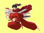  1boy 1girl animal_ears bangs barefoot black_hair bow carrying dog_ears father_and_daughter full_body hair_bow han&#039;you_no_yashahime highres inuyasha inuyasha_(character) japanese_clothes jewelry kimono long_hair moroha necklace oooranje_nlj open_mouth piggyback pointing red_bow red_kimono sheath sheathed sword twitter_username weapon white_hair yellow_background 
