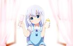  1girl apron baby_bottle blue_apron blue_eyes blue_hair bottle closed_mouth curtains gochuumon_wa_usagi_desu_ka? hair_ornament highres holding holding_bottle kafuu_chino kafuu_chino&#039;s_school_uniform light_blue_hair looking_at_viewer milk_bottle nekomimimix rattle school_uniform smile solo x_hair_ornament 