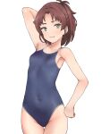  1girl :3 antenna_hair armpits bakushiishi_at blue_one-piece_swimsuit breasts brown_hair commentary_request competition_school_swimsuit covered_navel green_eyes original school_swimsuit short_hair simple_background small_breasts solo standing swimsuit thigh_gap white_background 