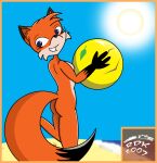  anthro ball beach beach_ball blue_eyes border butt canid canine digital_media_(artwork) female fox inflatable mammal nude nudist orange_border raised_leg reddragonkan sand sea seaside smile solo vixie water 