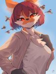  absurd_res anthro avian bird breasts canid canine chest_tuft claws clothed clothing detailed_background female female_anthro fingers fur hair hi_res kemono looking_at_viewer mammal maned_wolf multicolored_body multicolored_fur red_eyes short_hair sky smile smiling_at_viewer solo tuft yellowparrottw 