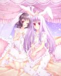  2girls :d alternate_costume animal_ears bangs black_hair blush breasts bunny_ears_prank carrot_print closed_mouth commentary curtains feet_out_of_frame floppy_ears food_print frilled_sleeves frills full_body highres inaba_tewi kitt_(kittiicine) long_hair looking_at_viewer medium_breasts multiple_girls one_eye_closed open_mouth pajamas pillow pink_pajamas print_pajamas purple_hair rabbit_ears rabbit_girl rabbit_tail red_eyes reisen_udongein_inaba short_hair small_breasts smile socks tail touhou very_long_hair wavy_hair white_socks 