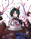  1boy absurdres aether_(genshin_impact) arm_tattoo armor bare_shoulders bead_necklace beads birthday birthday_cake black_gloves blue_gloves blurry blurry_foreground brown_gloves cake character_request clapping confetti eyeshadow facial_mark fingerless_gloves food forehead_mark fruit genshin_impact gift gloves green_hair hat highres holding holding_party_popper jewelry makeup male_focus mouth_hold necklace party_hat party_horn party_popper pauldrons plate red_eyeshadow ricardo_contreras shoulder_armor shoulder_tattoo single_bare_shoulder single_pauldron solo_focus spiked_pauldrons spikes strawberry table tattoo unamused xiao_(genshin_impact) yellow_eyes 