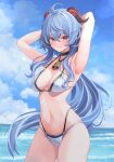  1girl :q absurdres ahoge andamiro armpits arms_behind_head arms_up bangs bare_shoulders bell bikini black_choker blue_hair blue_sky blush breasts choker cleavage contrapposto cowboy_shot day ganyu_(genshin_impact) genshin_impact goat_horns hair_between_eyes highleg highleg_panties highres horns long_hair looking_at_viewer medium_breasts navel neck_bell outdoors panties purple_eyes sidelocks sky solo swimsuit thighs tongue tongue_out underwear 