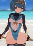  1girl alternate_costume beach black_thighhighs blue_eyes blue_hair blue_sky breasts closed_mouth cloud day gloves highleg highleg_leotard highres lana_(pokemon) leotard looking_at_viewer medium_breasts ocean outdoors partially_fingerless_gloves pokemon pokemon_(game) pokemon_sm short_hair sky solo spring2013 thighhighs 