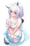  1girl absurdres ahoge animal_ear_fluff animal_ears bangs bikini blush braid breasts cleavage deaver fox_ears fox_girl fox_tail frilled_bikini frills green_eyes hair_between_eyes highres hololive large_breasts long_hair looking_at_viewer navel ribbon shirakami_fubuki sidelocks single_braid solo swimsuit tail virtual_youtuber wading white_hair 