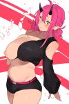  1girl black_horns black_shorts black_sweater breasts hair_between_eyes highres horns large_breasts makingtawawa navel nipples one_breast_out oni_horns original pink_hair pointy_ears short_hair shorts sweater yellow_eyes 