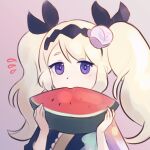  1girl bangs blonde_hair covered_mouth dotpyenji dragalia_lost eating food fruit hair_ornament highres japanese_clothes kimono lathna long_hair looking_at_viewer official_alternate_costume purple_background purple_eyes solo twintails upper_body watermelon 