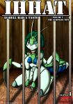  2017 absurd_res antennae_(anatomy) anthro arthropod blush breasts collar colored comic cover cover_art cover_page emerald_(viroveteruscy) english_text female green_hair hair hi_res if_hell_had_a_taste insect jail_bars kneeling mantis nipples non-mammal_breasts nude solo teal_eyes text url viroveteruscy 