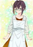  1girl absurdres apron aqua-framed_eyewear black_hair blush brown_dress brown_hair closed_mouth collarbone dress glasses green_eyes hair_between_eyes highres kanmiya_shinobu kantai_collection long_sleeves multicolored_hair okinami_(kancolle) short_hair smile solo upper_body white_apron 