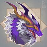  abstract_art anthro asian_mythology dragon east_asian_mythology eastern_dragon fulgerion hair headshot horn laugh looking_at_another male mythology purple_body simple_background sleepingwoolf solo white_body white_eyes white_hair yellow_horn 