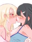  263118 2girls bangs bare_shoulders black_hair blonde_hair blue_shirt blush breasts breasts_out collarbone drooling ear_blush fate/kaleid_liner_prisma_illya fate_(series) french_kiss hair_ornament hairclip illyasviel_von_einzbern kiss looking_at_another miyu_edelfelt multiple_girls nipples no_bra pink_shirt red_eyes saliva shirt sidelocks simple_background sleeveless sleeveless_shirt small_breasts sweat upper_body white_background yellow_eyes yuri 