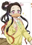  1boy 1girl agatsuma_zenitsu bag blonde_hair bread brown_hair brown_skirt food highres kamado_nezuko kimetsu_gakuen kimetsu_no_yaiba long_hair multicolored_hair necktie pink_eyes ponytail pori_(kmt_pori) school_uniform shirt shoulder_bag skirt sweater_vest v-neck white_shirt yellow_sweater_vest 