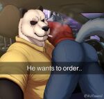  2022 anthro beastars bent_over big_butt big_muscles black_sclera bottomwear butt canid canine canis caption car cigarette clothed clothing denim denim_clothing drive-thru driving duo english_text fur giant_panda gouhin_(beastars) he_wants_to_order hi_res inside jeans legoshi_(beastars) looking_at_viewer male mammal meme muscular muscular_anthro muscular_male ordering_food pants pecs polo_shirt scar selfie shirt sitting smile smoke smoking snapchat text topwear tuft url ursid vehicle window wolf wulfusweid 