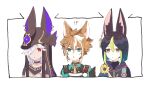  !? 3boys animal_ear_fluff animal_ears animal_hat aqua_eyes armor bangs black_choker black_hair black_headwear brown_hair choker closed_mouth commentary_request cyno_(genshin_impact) dog_boy dog_ears ear_piercing egyptian_clothes flower fox_boy fox_ears genshin_impact gorou_(genshin_impact) green_eyes green_hair hair_between_eyes hair_ornament hair_over_one_eye hat height_conscious height_difference japanese_armor japanese_clothes male_focus multicolored_hair multiple_boys parted_lips piercing red_eyes simple_background streaked_hair sweat tighnari_(genshin_impact) upper_body urooooboe white_background white_hair yellow_flower 
