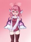  1girl @_@ adapted_costume ahoge animal_ears bad_id bad_pixiv_id bird_ears bird_wings blush brown_shirt brown_thighhighs feathered_wings feet_out_of_frame gradient gradient_background hair_between_eyes haruirokomici highres long_sleeves mystia_lorelei no_headwear no_pants open_mouth panties pink_eyes pink_hair pink_wings shirt short_hair solo thighhighs touhou underwear white_panties white_wings wings 