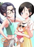  2girls animal birthday black_hair blue_eyes brown_eyes camisole chihuahua chikuwa_(yurucamp) dog dress eyewear_on_head flat_chest glasses gradient gradient_background happy_birthday highres layered_dress long_hair midriff multiple_girls n2midori one_eye_closed oogaki_chiaki ponytail saitou_ena short_hair smile sunglasses v yurucamp 