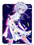  1girl apron blue_dress blue_eyes border braid dot_nose dress frilled_dress frills green_ribbon hair_ribbon izayoi_sakuya knife looking_at_viewer maid maid_apron maid_headdress puffy_short_sleeves puffy_sleeves ribbon short_hair short_sleeves touhou tsugomori_(remilia0398) twin_braids white_border wrist_cuffs zettai_ryouiki 