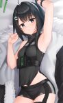  1girl ahoge arknights armpits arms_up bangs bed_sheet between_breasts black_coat black_eyes black_gloves black_hair black_shorts breasts coat coat_removed cowboy_shot dakimakura_(medium) feather_hair fur-trimmed_coat fur_trim gloves hair_ornament hairclip highres kurisu-kun la_pluma_(arknights) looking_at_viewer lying on_back on_bed parted_lips short_hair short_shorts shorts single_glove sleeveless small_breasts solo strap_between_breasts test_tube 