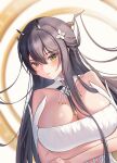  1girl absurdres arms_under_breasts azur_lane black_hair breasts cleavage detached_collar dutch_angle flower green_eyes hair_between_eyes hair_flower hair_on_horn hair_ornament highres horns huge_breasts indomitable_(azur_lane) kom-fan long_hair looking_at_viewer simple_background skindentation solo upper_body very_long_hair white_background white_flower 