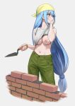  1girl accidental_exposure aqua_(konosuba) artist_name bandana bangs blue_eyes blue_hair breasts brick_wall carlo_montie clothes_lift commentary green_pants grey_background hair_between_eyes highres holding kono_subarashii_sekai_ni_shukufuku_wo! lifted_by_self long_hair looking_away looking_to_the_side low-tied_long_hair midriff navel nipples no_bra official_alternate_costume pants see-through shirt shirt_lift simple_background sleeves_rolled_up solo sweat very_long_hair watermark white_shirt yellow_headwear 